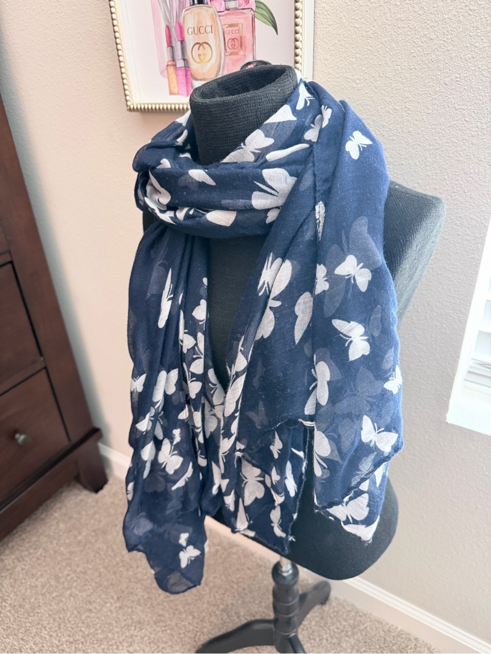Navy Blue Butterfly Print Lightweight Scarf Wrap Shawl White Gray